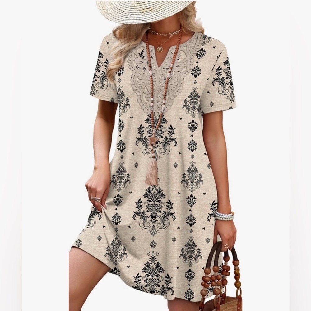 Boho Lace V-Neck Print Mini Dress Beige Black Summer Boutique Dress